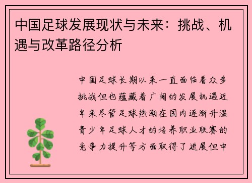 中国足球发展现状与未来：挑战、机遇与改革路径分析