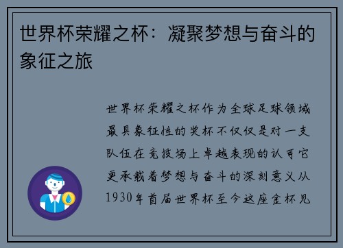 世界杯荣耀之杯：凝聚梦想与奋斗的象征之旅